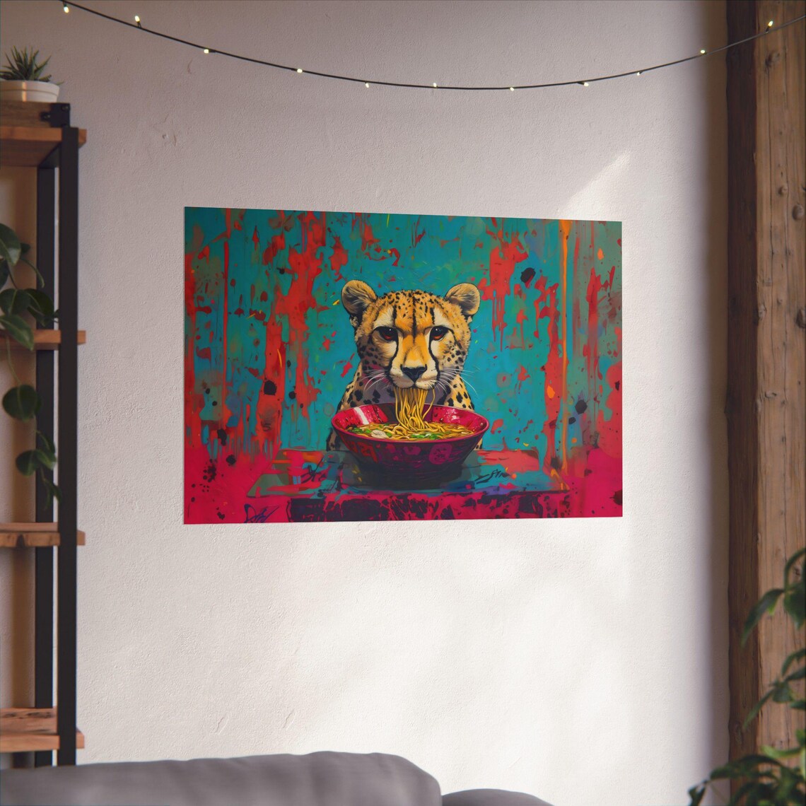 Spotted Cheetah Slurping Noodle Bowl Electric Street Art Style Cat Poster - Image 3
