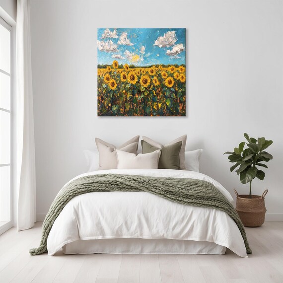 Bright Sunflower Meadow Sunny Blue Sky Painterly Floral Wall Art