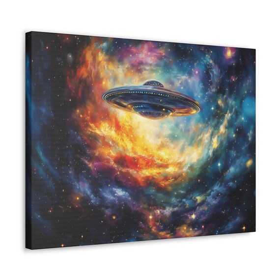 UFO Flying Saucer in Colorful Nebula Galaxy Outer Space Poster