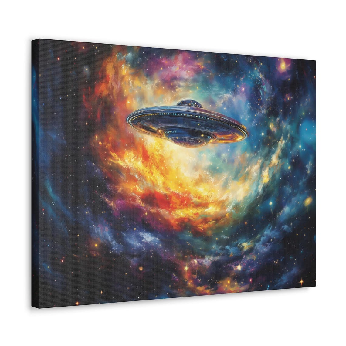 UFO Flying Saucer in Colorful Nebula Galaxy Outer Space Poster