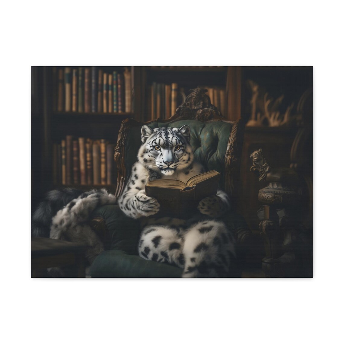 Regal Snow Leopard Reading In A Dark Library Elegant Animal Poster - Image 2