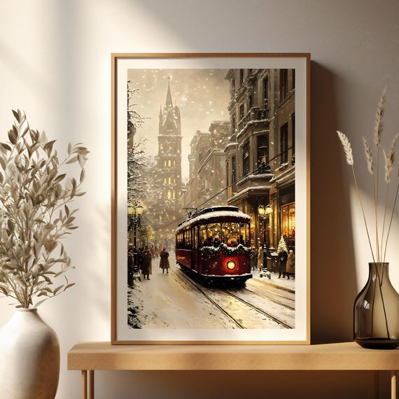 Vintage Christmas Ride Wall Art Moody Winter Landscape Holiday Decor Cozy Seasonal Artwork Home