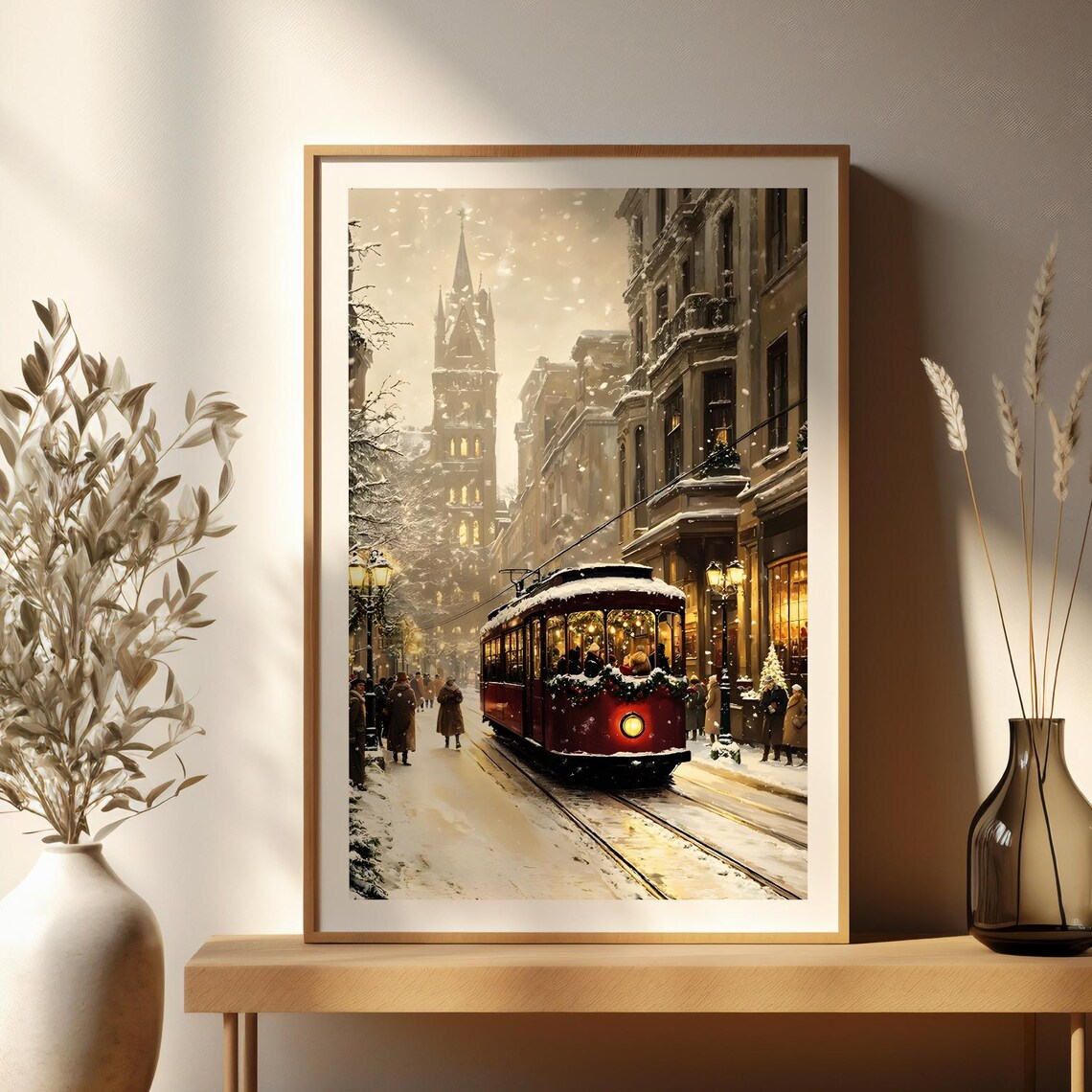 Vintage Christmas Tram in a Snowy Old Town Street Holiday Poster
