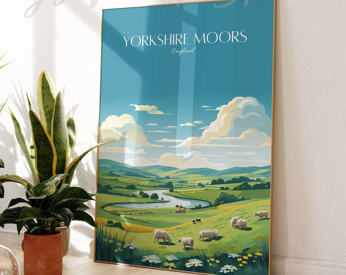 Yorkshire Moors England Sheep Rolling Hills Vintage Travel Poster