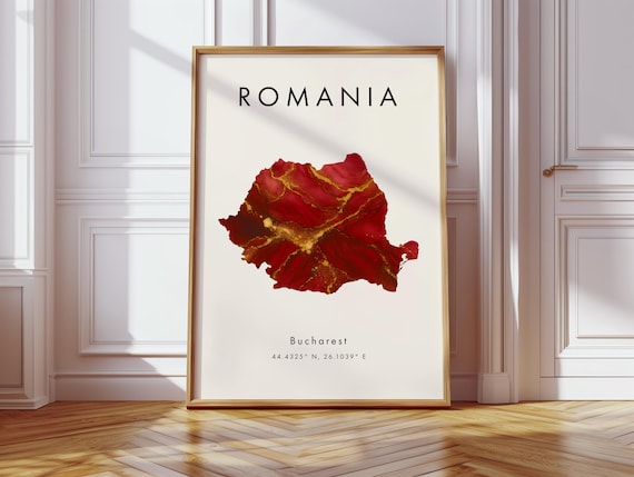 Romania Map Poster Red And Gold Europe Wall Art Print Home Decor Geography Gift Wallpaper