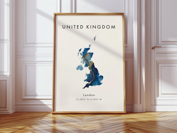 United Kingdom Map Poster Blue And Gold Europe Wall Art Print Home Decor Geography Gift Wallpaper