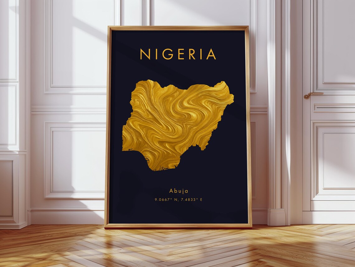 Nigeria Gold Marble Country Map Black Background Luxury Poster