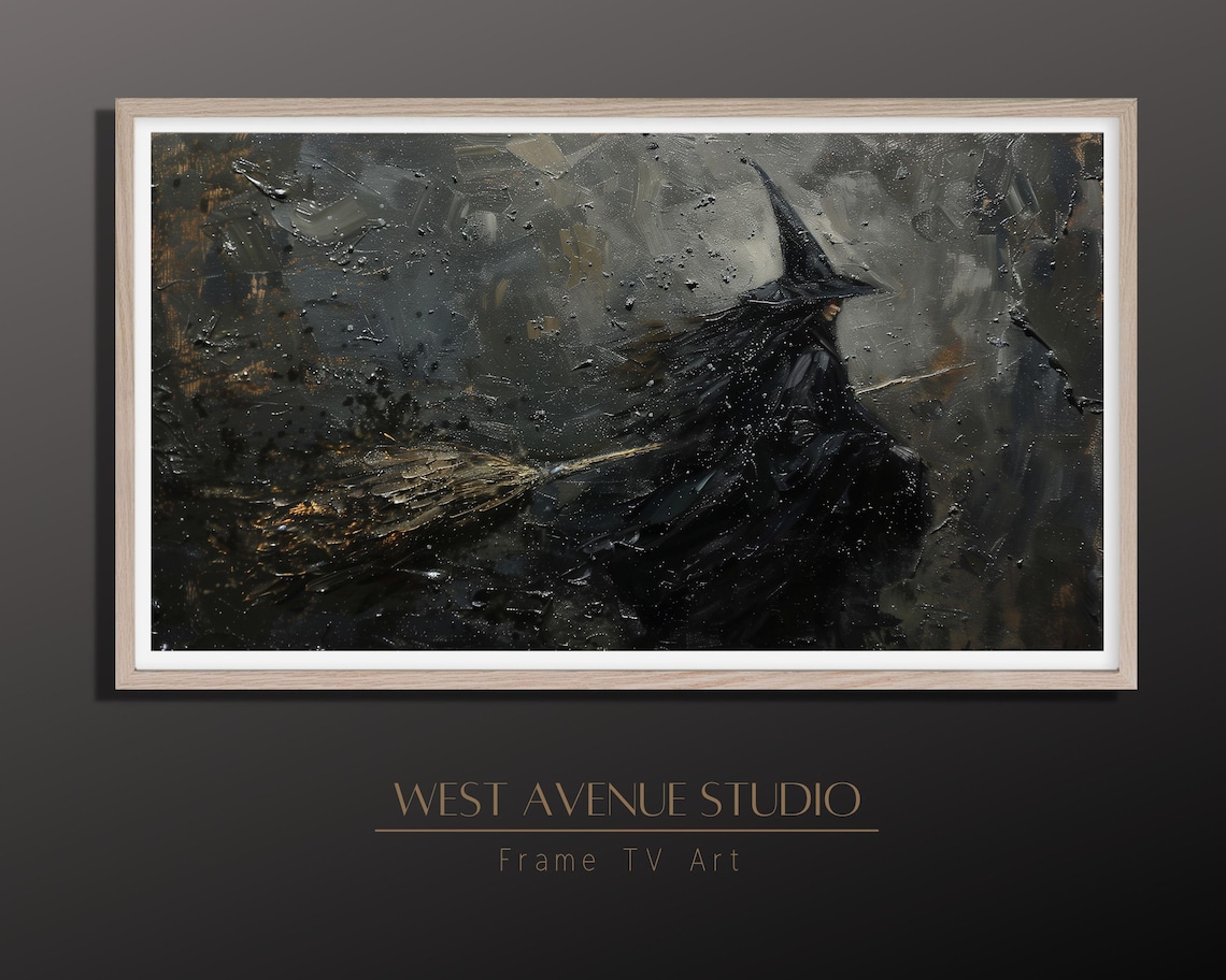 Witch Flying On Broomstick Over Dark Sea Moody Halloween Night Art Poster - Image 2
