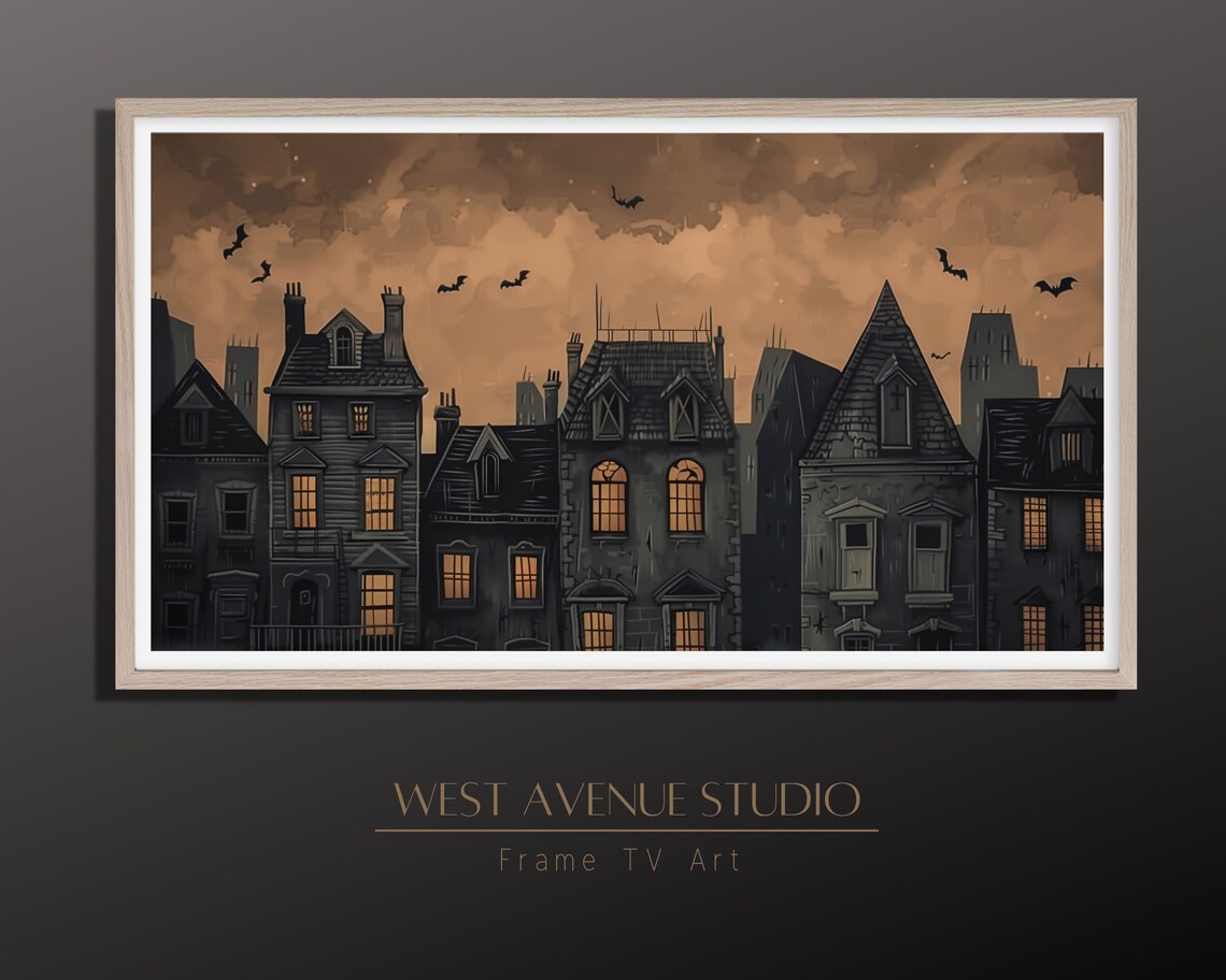 Spooky Halloween Village Dark Houses Glowing Windows Bats Night Sky Poster - Image 3