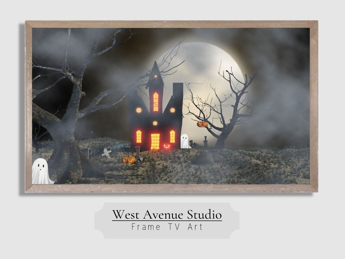 Haunted House Glowing Windows Full Moon Cute Ghosts Halloween Night Art Poster