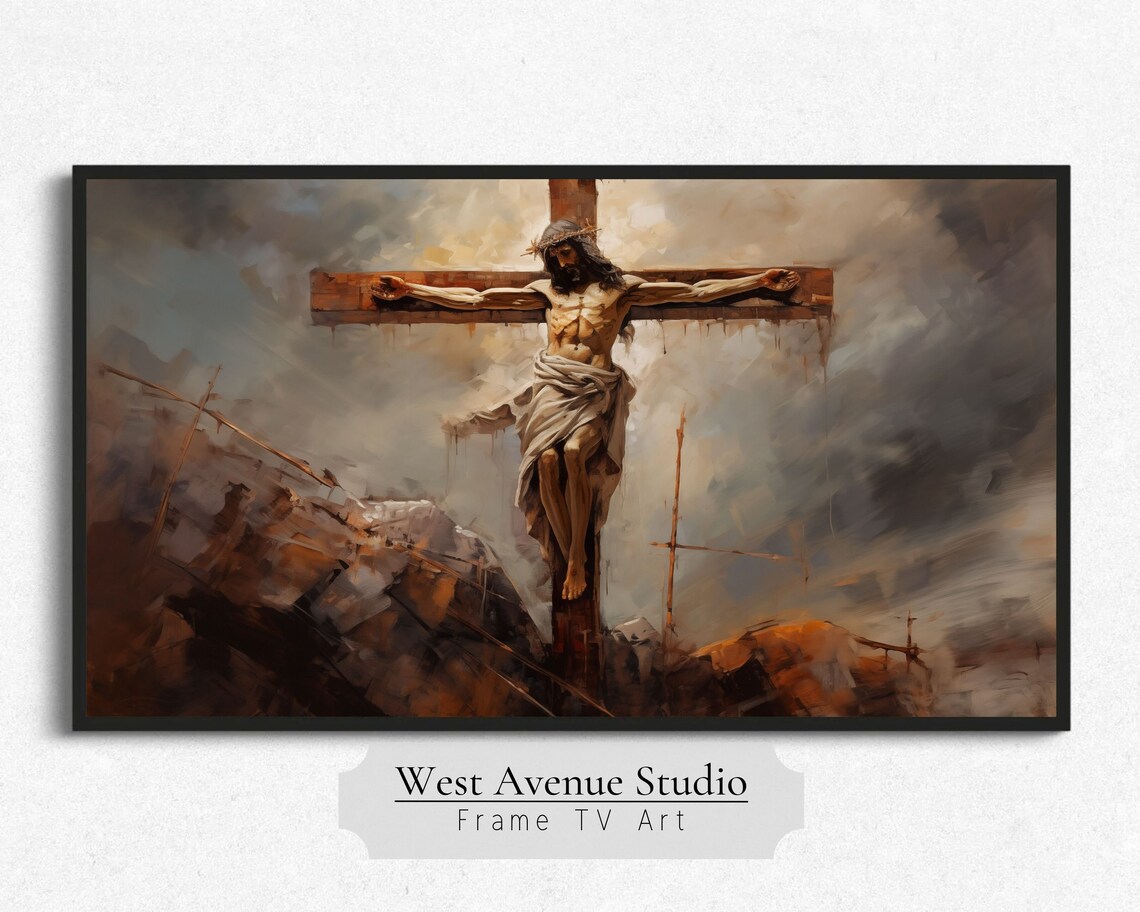 Jesus On The Cross Moody Sky Easter Christian Crucifixion Painting Poster - Image 2