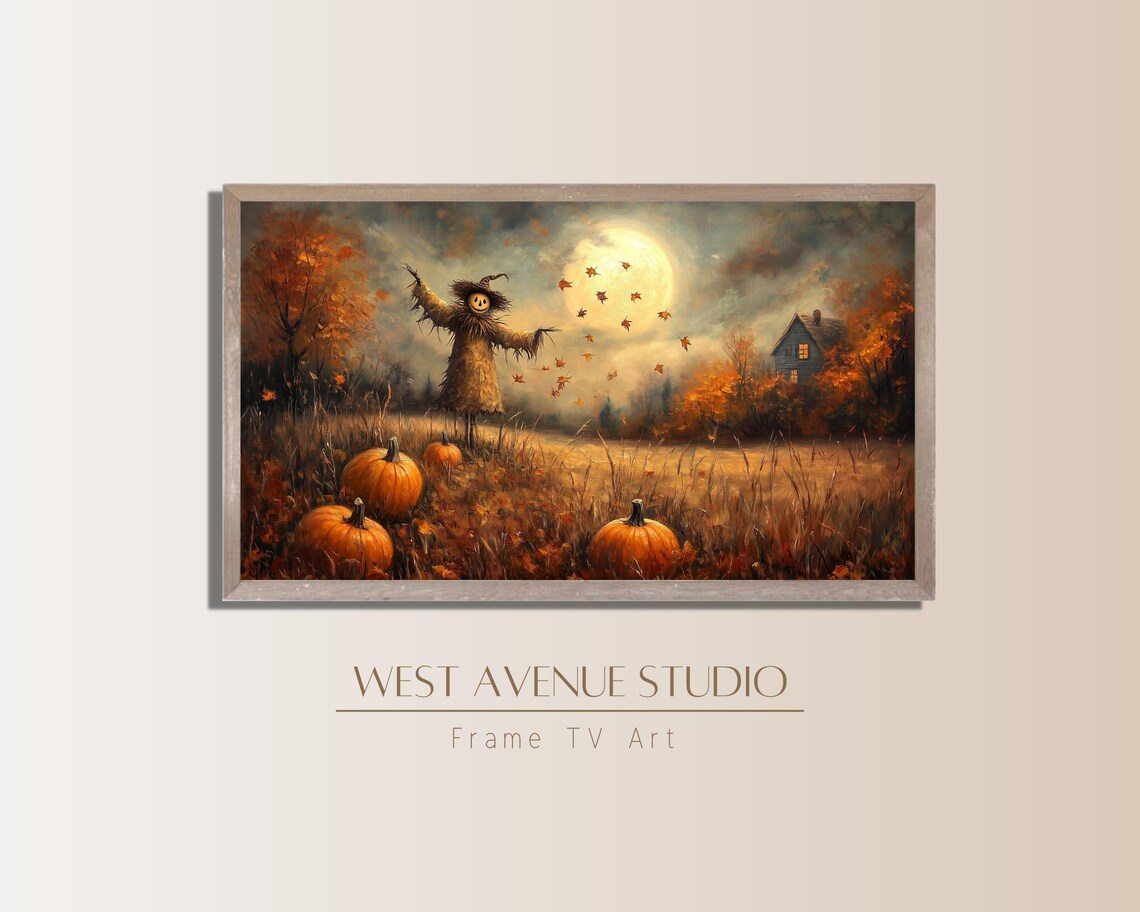 Scarecrow Pumpkin Field Full Moon Autumn Night Spooky Harvest Art Poster