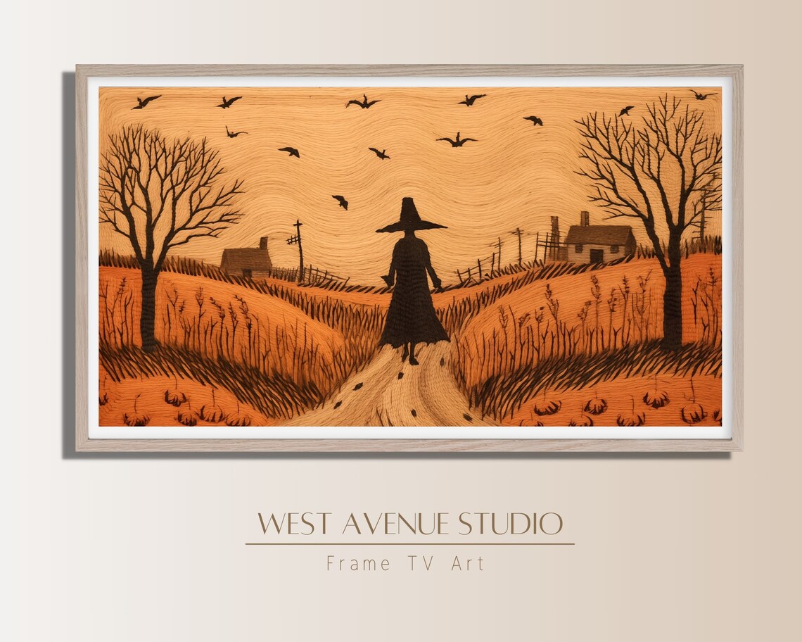 Witch Walking Country Path Wood Grain Folk Art Crows Pumpkins Halloween Poster - Image 3