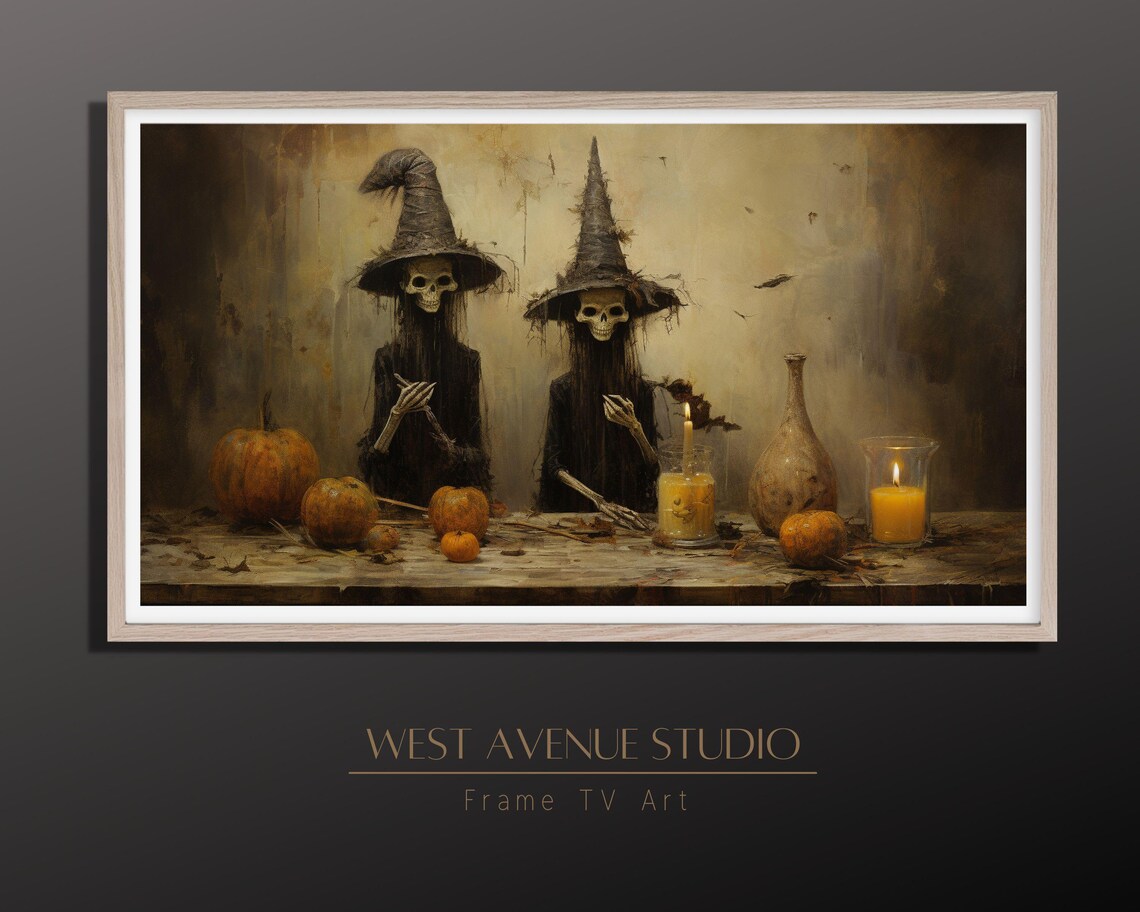 Skeleton Witches At Table With Pumpkins Candles Dark Halloween Art Poster - Image 2