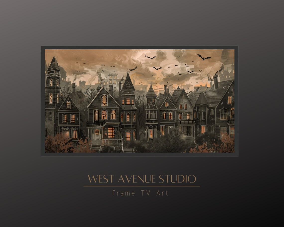 Haunted Victorian Houses At Dusk Bats Glowing Windows Spooky Town Poster - Image 5
