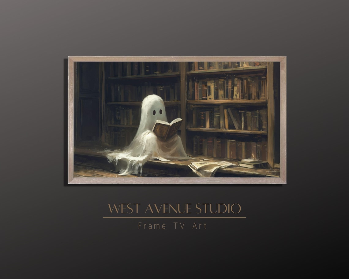 Cute Ghost Reading In Dark Library Whimsical Halloween Bookish Art Poster
