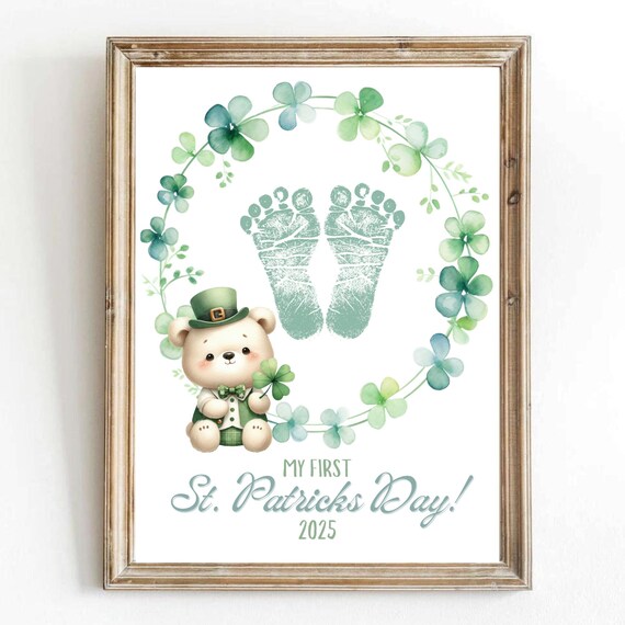 My First St Patricks Day Baby Footprint Shamrock Bear Keepsake Wall Art