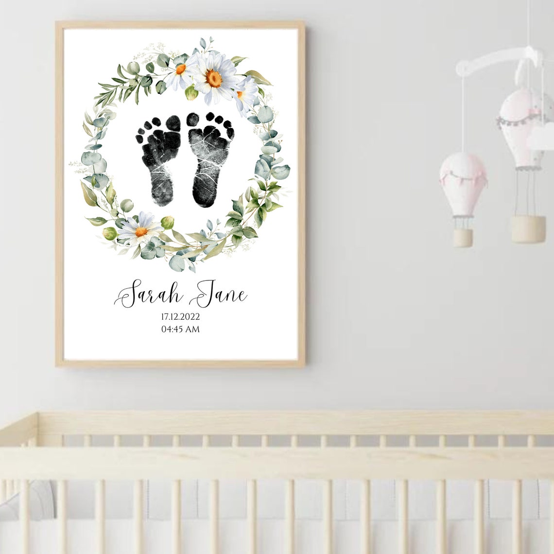 Personalized Baby Footprint Birth Print Daisy Eucalyptus Poster - Image 2