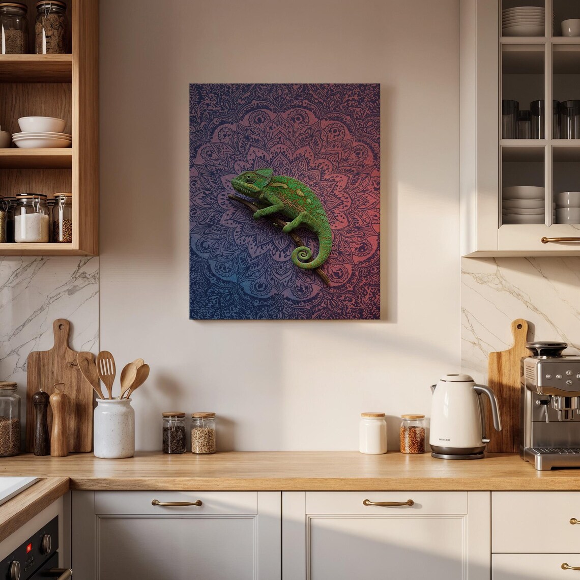 Green Chameleon on Branch Mandala Boho Spiritual Wildlife Poster - Image 4