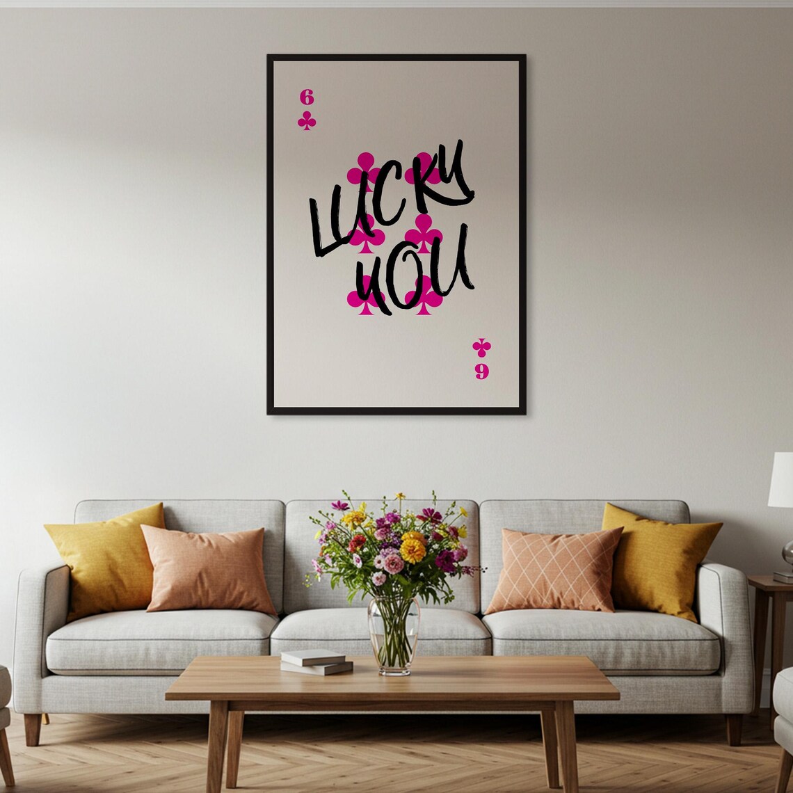 Lucky You Playing Card Poster Pink Six of Clubs Trendy Modern Graphic Decor - Image 2