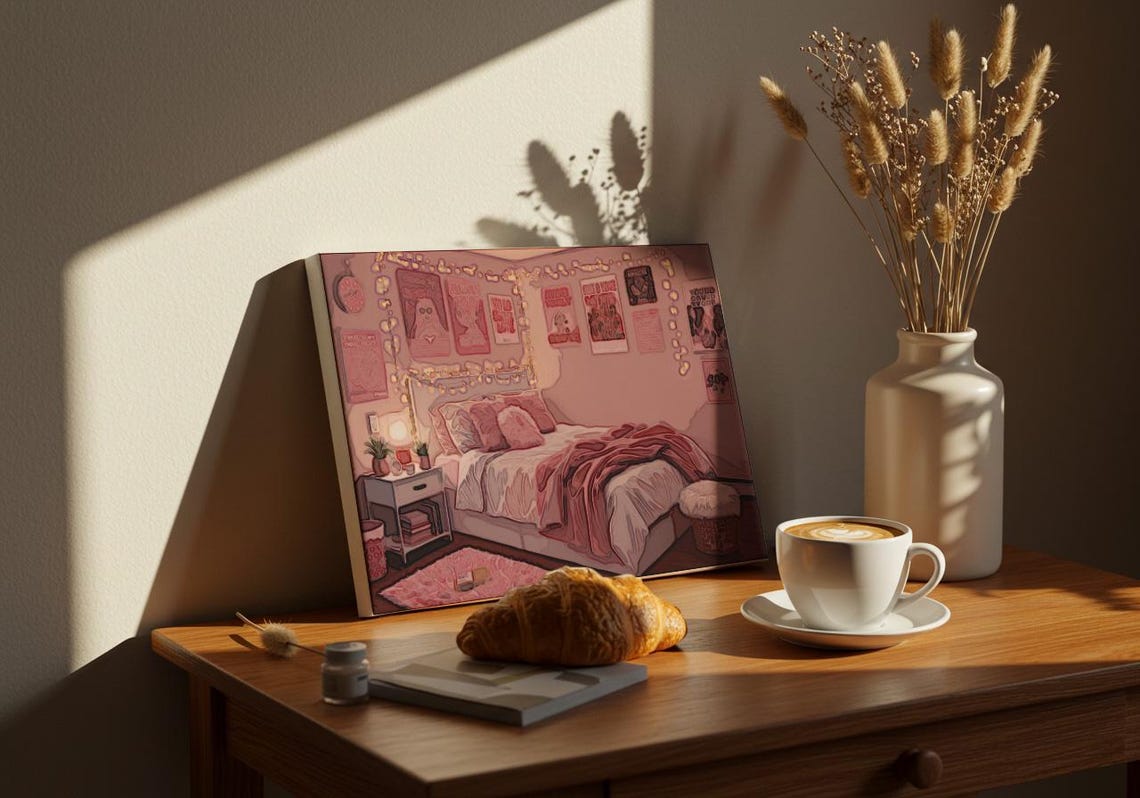 Cozy Pink Bedroom Illustration String Lights Gallery Wall Poster - Image 2