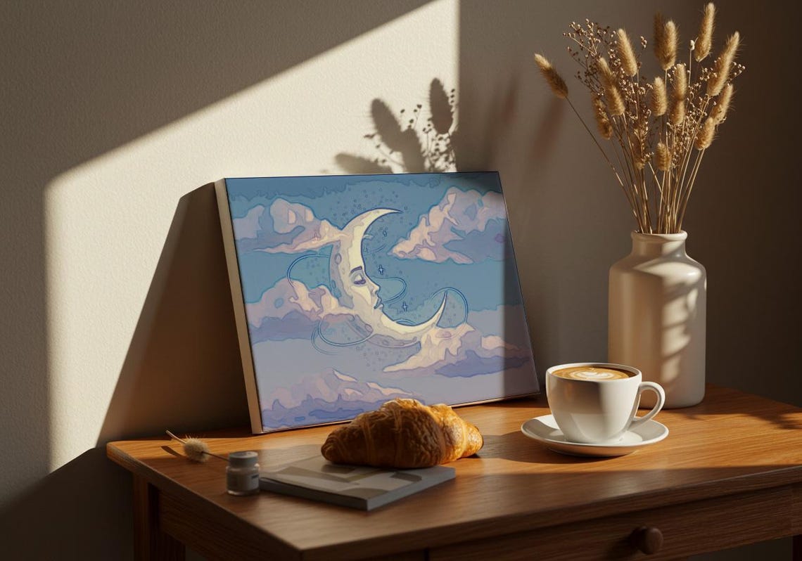 Sleeping Crescent Moon Face Pastel Clouds Dreamy Night Poster - Image 2