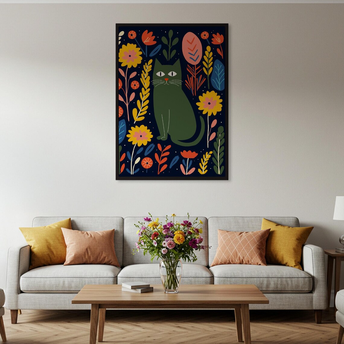 Green Cat Dark Floral Garden Modern Folk Art Botanical Night Poster - Image 2