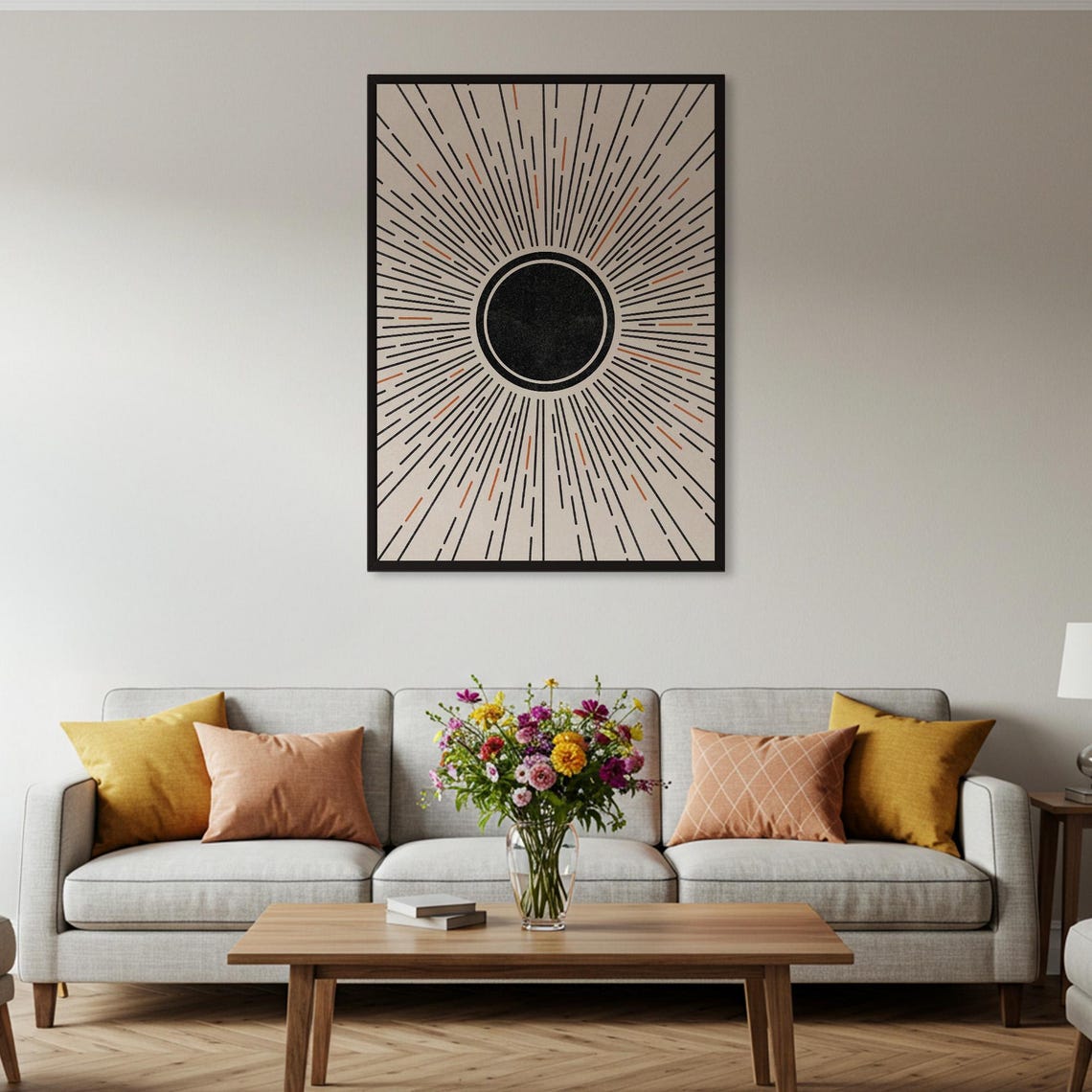 Black Sunburst Radiating Lines Minimalist Mid Century Poster - Image 2