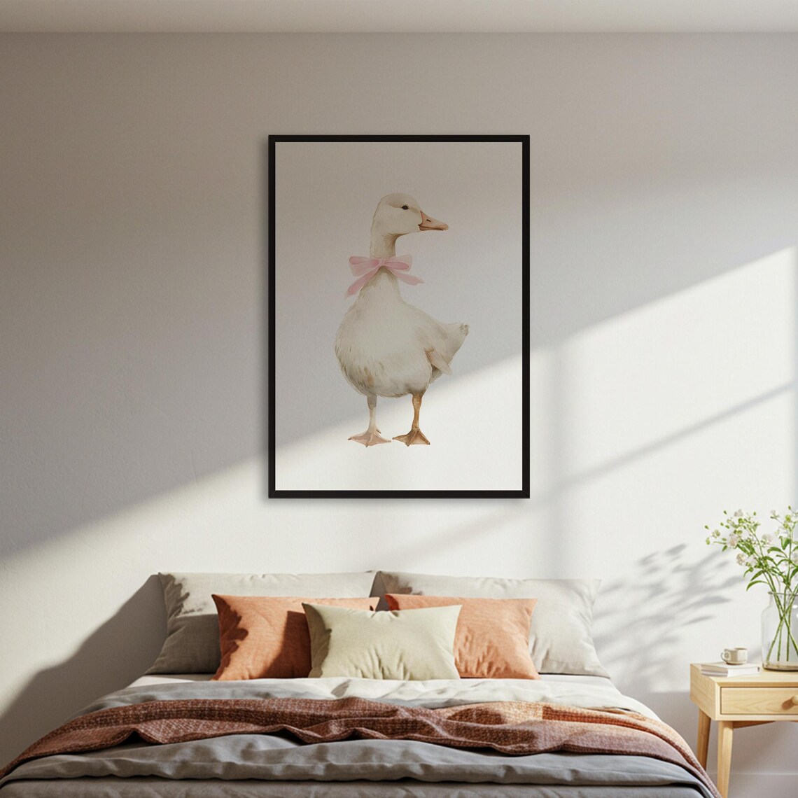 Cute Duck With Pink Bow, Watercolor Nursery Animal Art