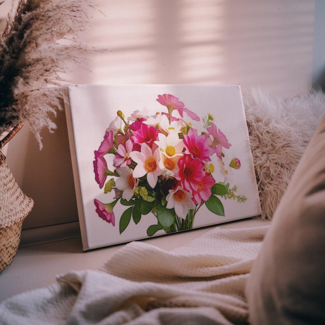Pink and White Floral Bouquet on Cream Soft Romantic Flower Art Poster