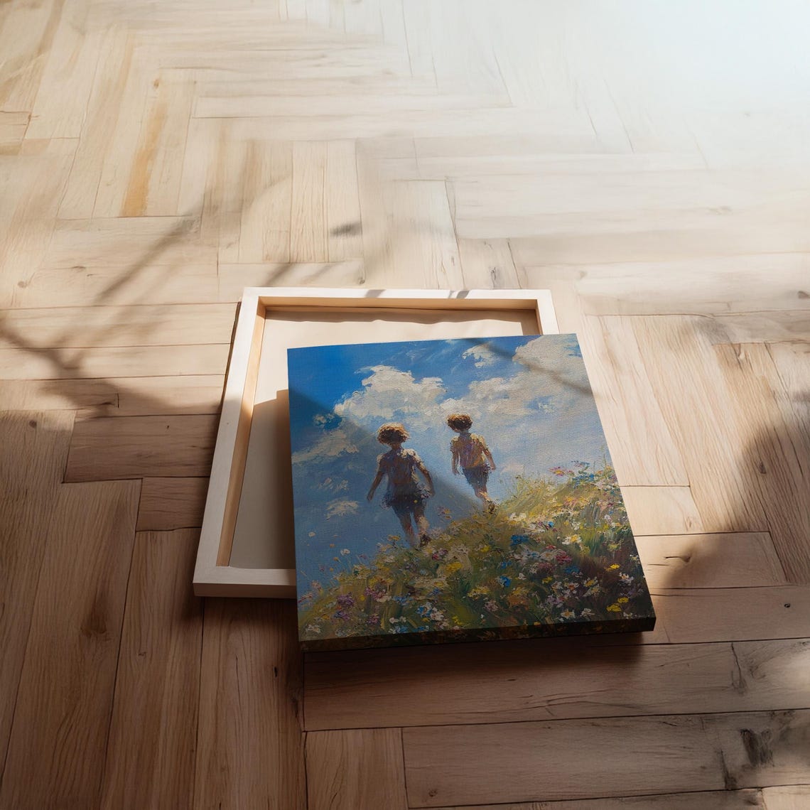 Children In Meadow Under Big Sky Nostalgic Summer Art Poster - Image 2