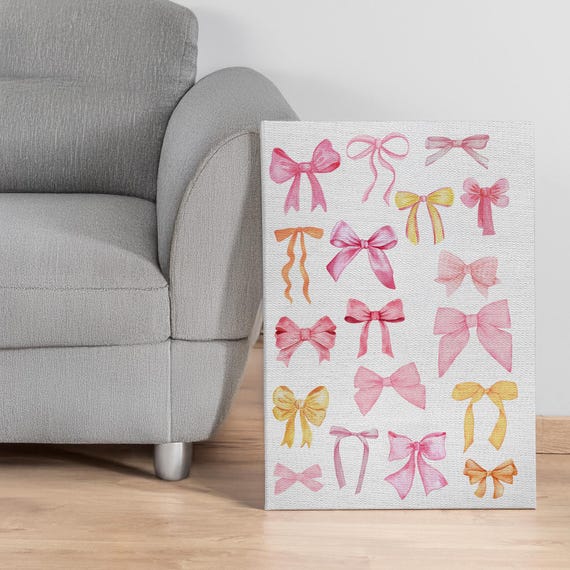 Pastel Pink Bow Canvas Wall Art With Watercolor Ribbon Illustrations Feminine Nursery Or Gift Room Decor Cute Framed Print Option