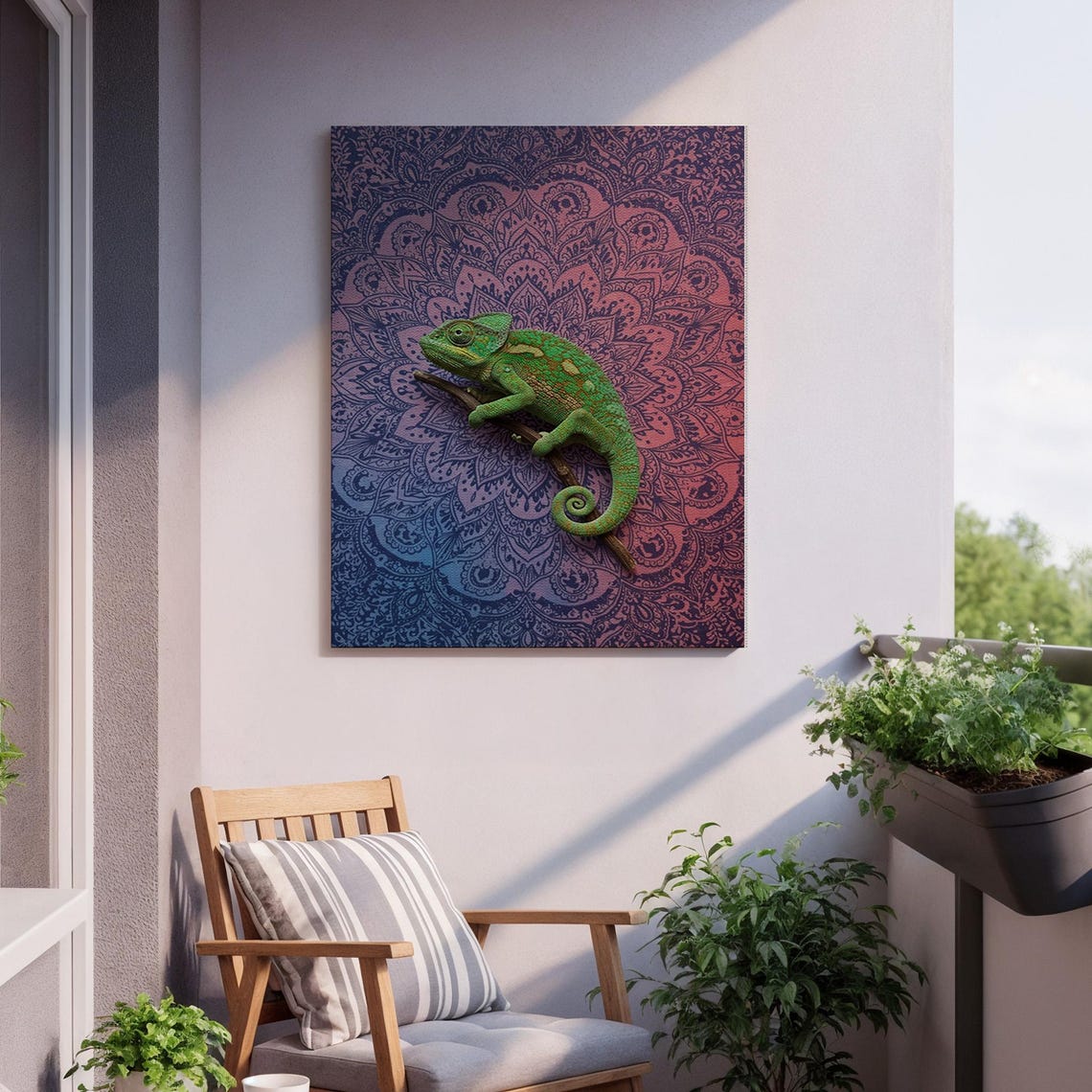 Green Chameleon on Branch Mandala Boho Spiritual Wildlife Poster - Image 2