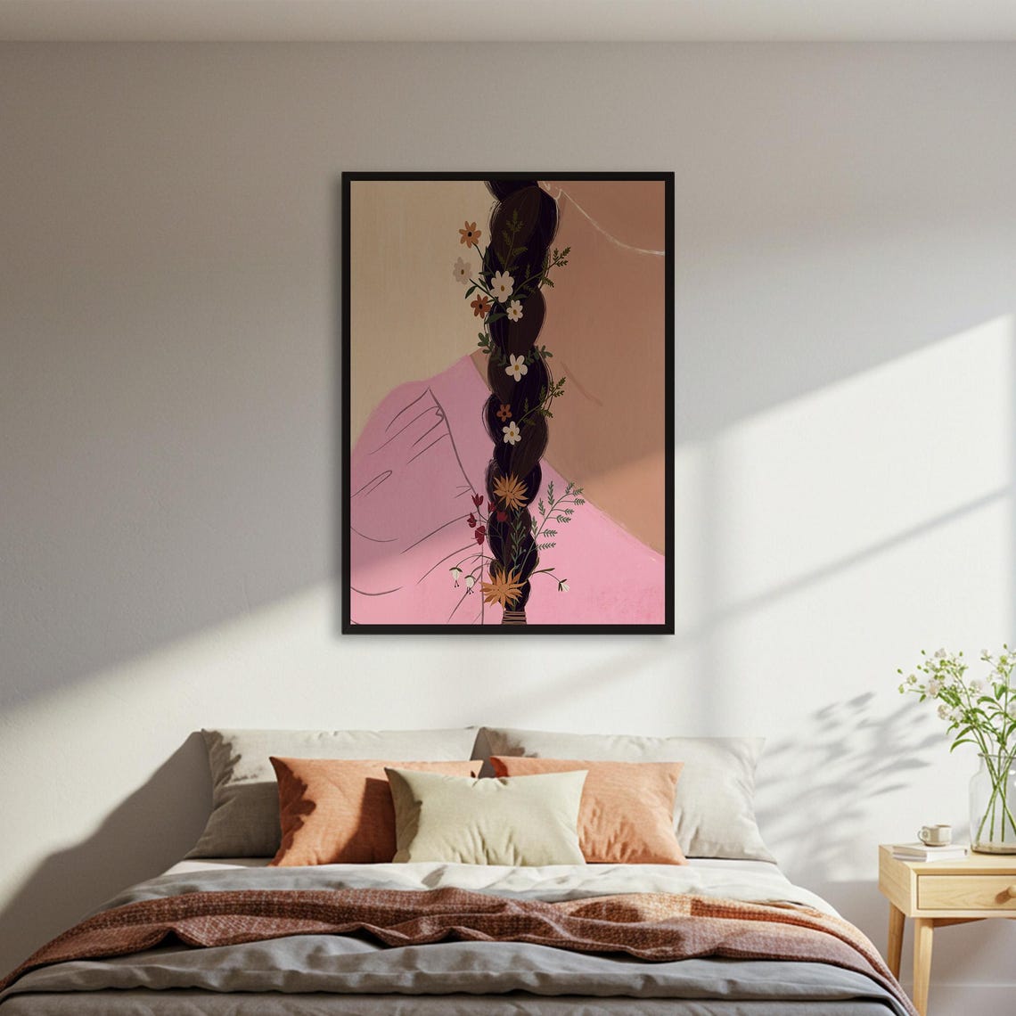 Woman with Flower Braided Hair Boho Botanical Illustration Poster