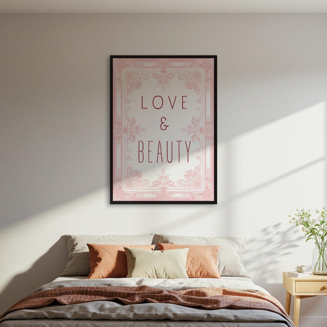 Love and Beauty Pink Ornamental Frame Romantic Typography Poster