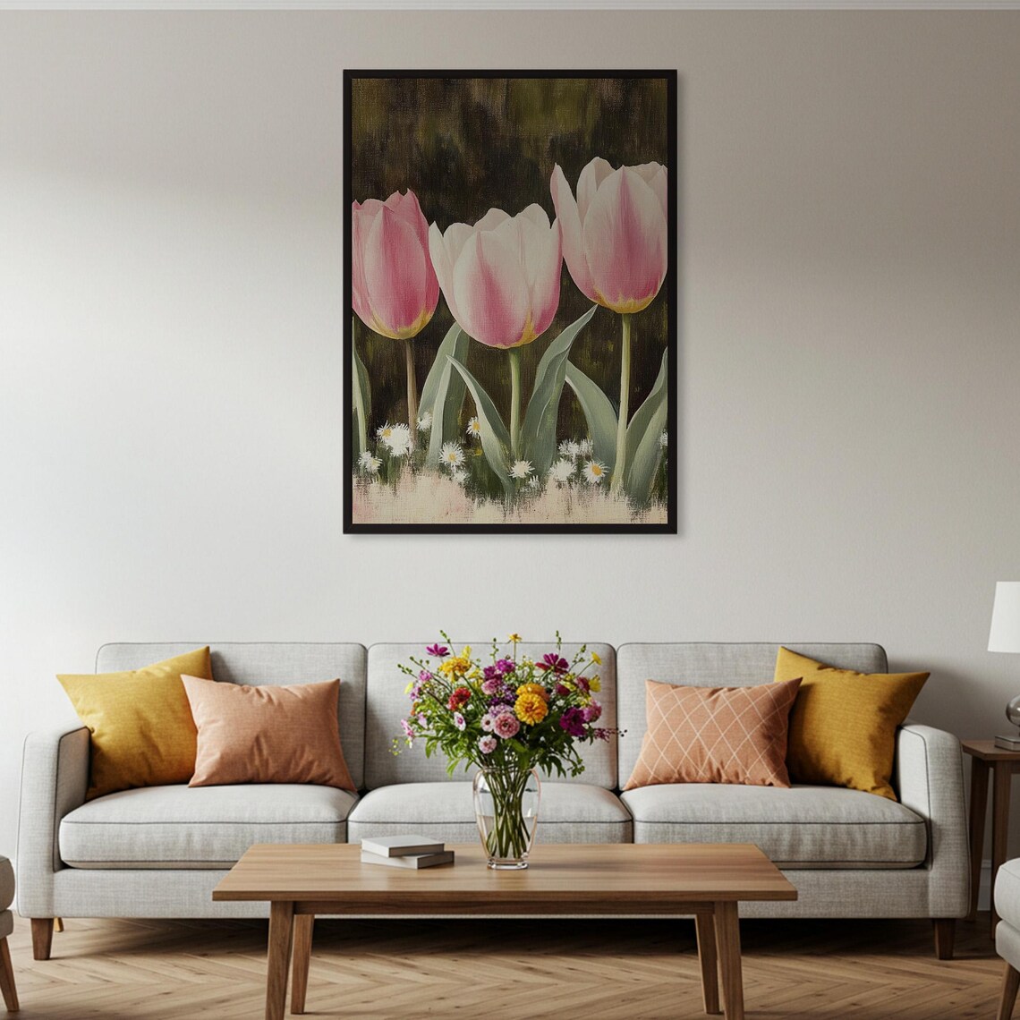 Pink Tulips Oil Painting Dark Moody Floral Garden Art Poster - Image 2