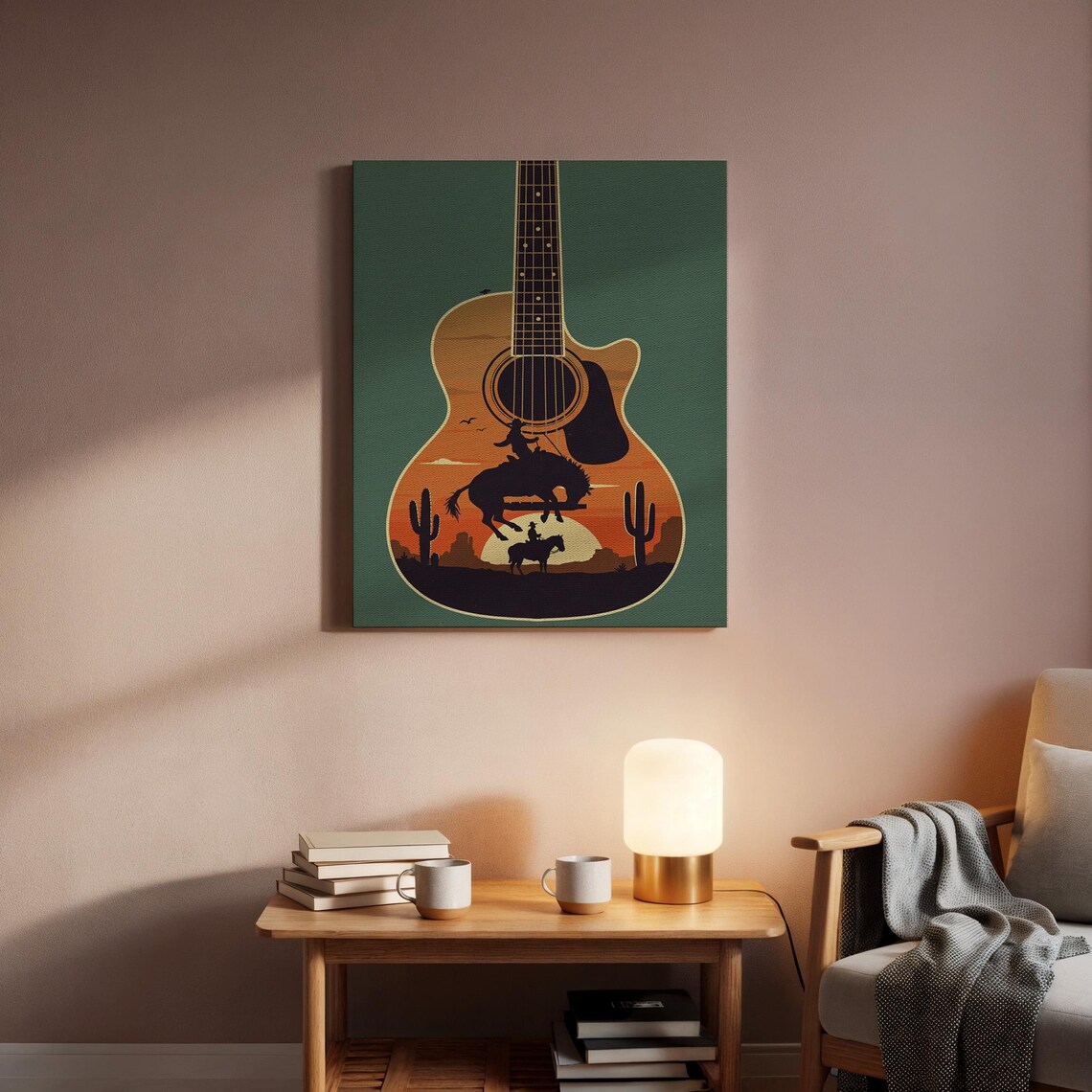 Acoustic Guitar with Cowboy Rodeo Sunset Scene Western Music Art Poster - Image 2