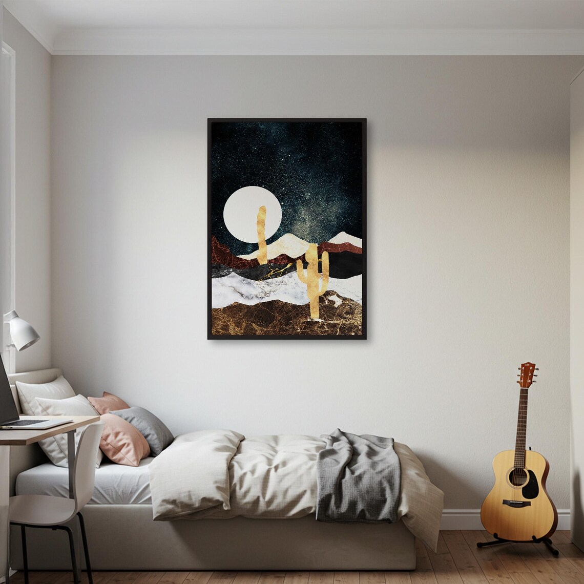 Golden Cactus Silhouettes Under Full Moon Starry Desert Night Art Poster - Image 2