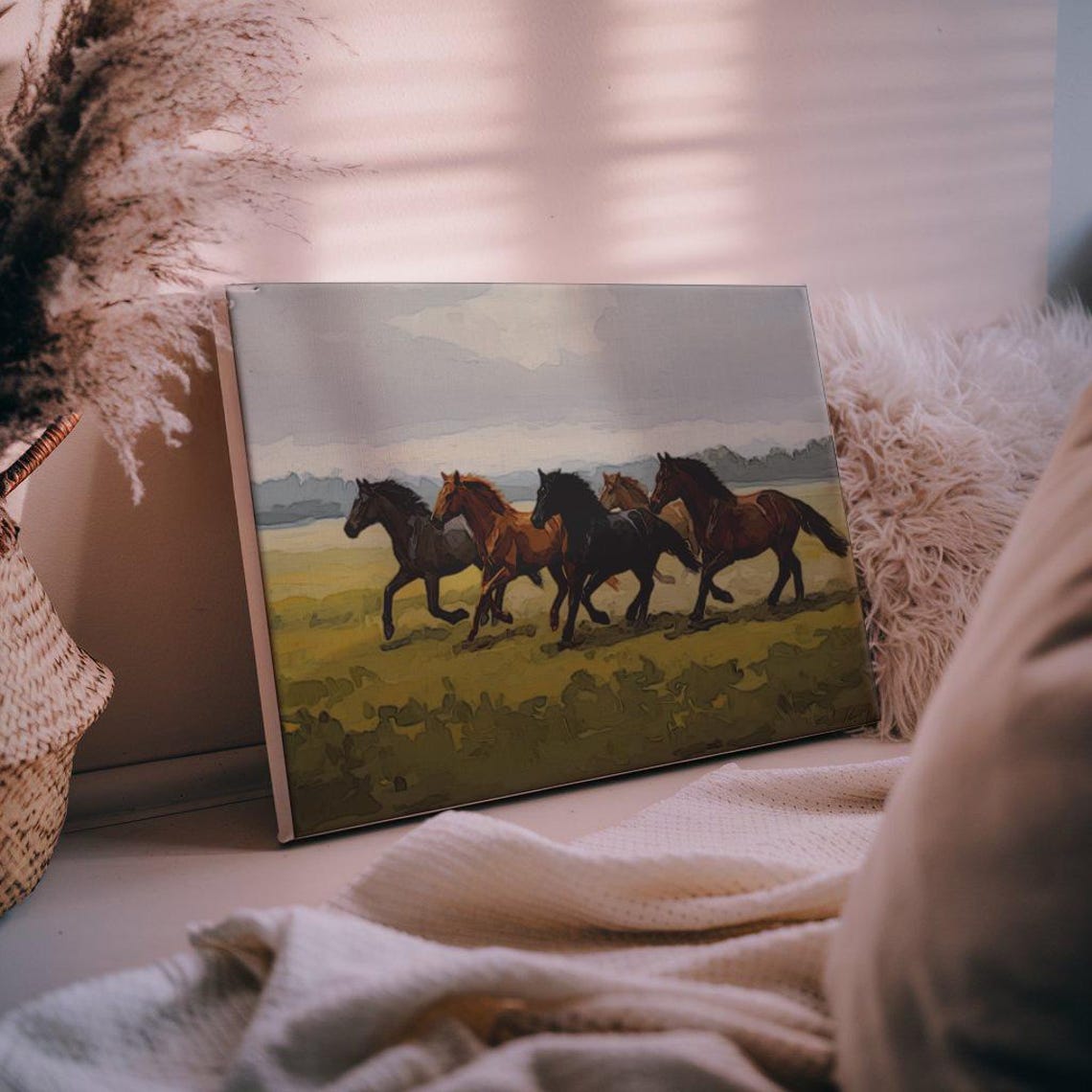 Five Running Horses Wild Field Gallop Painterly Landscape Art Print