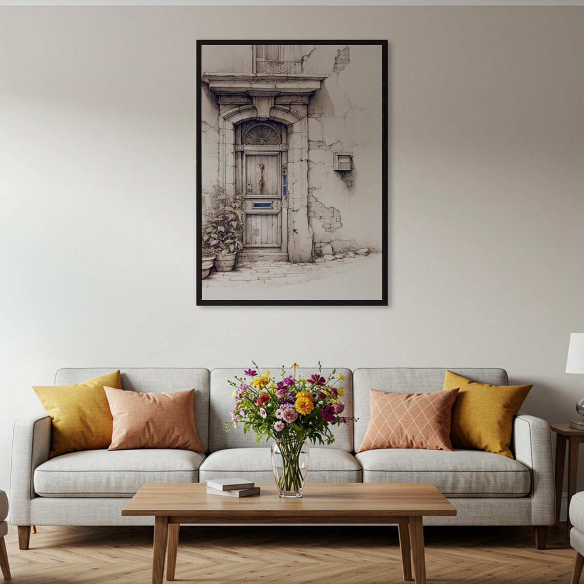 Weathered Old Door Stone Arch Pencil Sketch European Alley Poster - Image 2