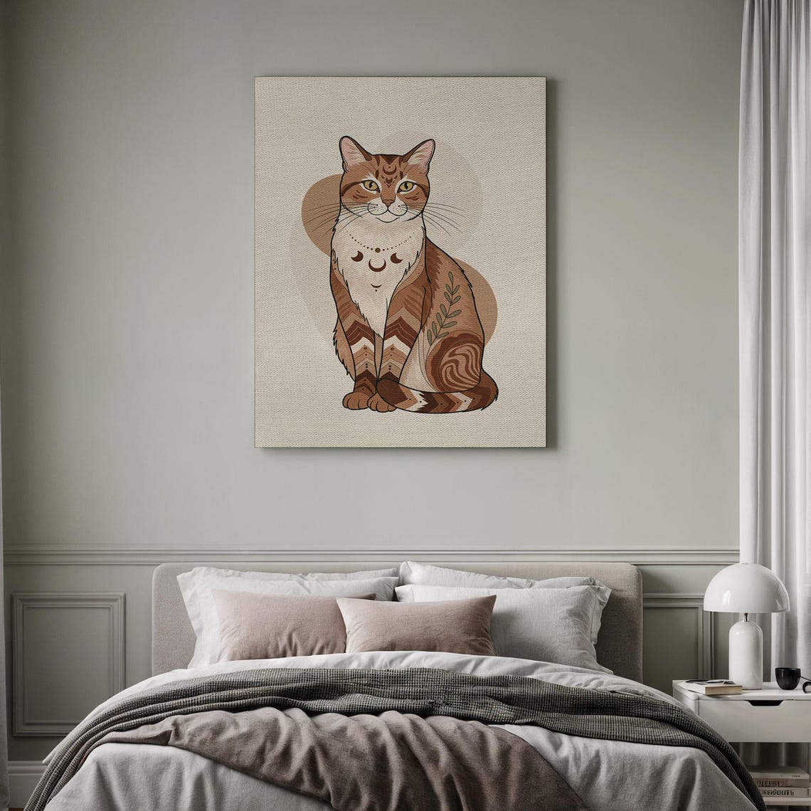 Celestial Boho Cat With Moon Necklace Cute Earth Tone Art Poster