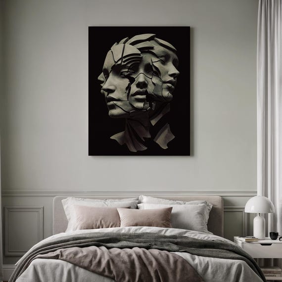 Gothic Human Sculpture Surreal Stone Framed Abstract Art Shattered Face Print Gray Canvas Decor Unique Wall Gift Modern