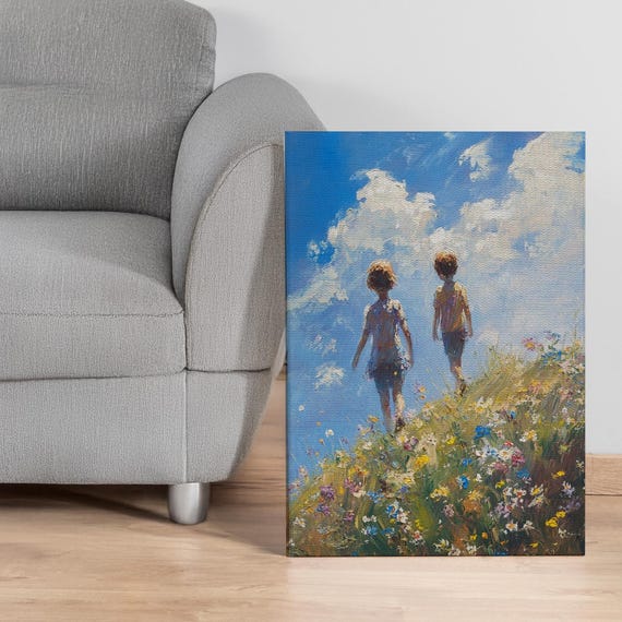 Children In Meadow Canvas Wall Art With Frame Options Nostalgic Summer Hill Scene Wildflowers Pastoral Childhood Memory Decor Print