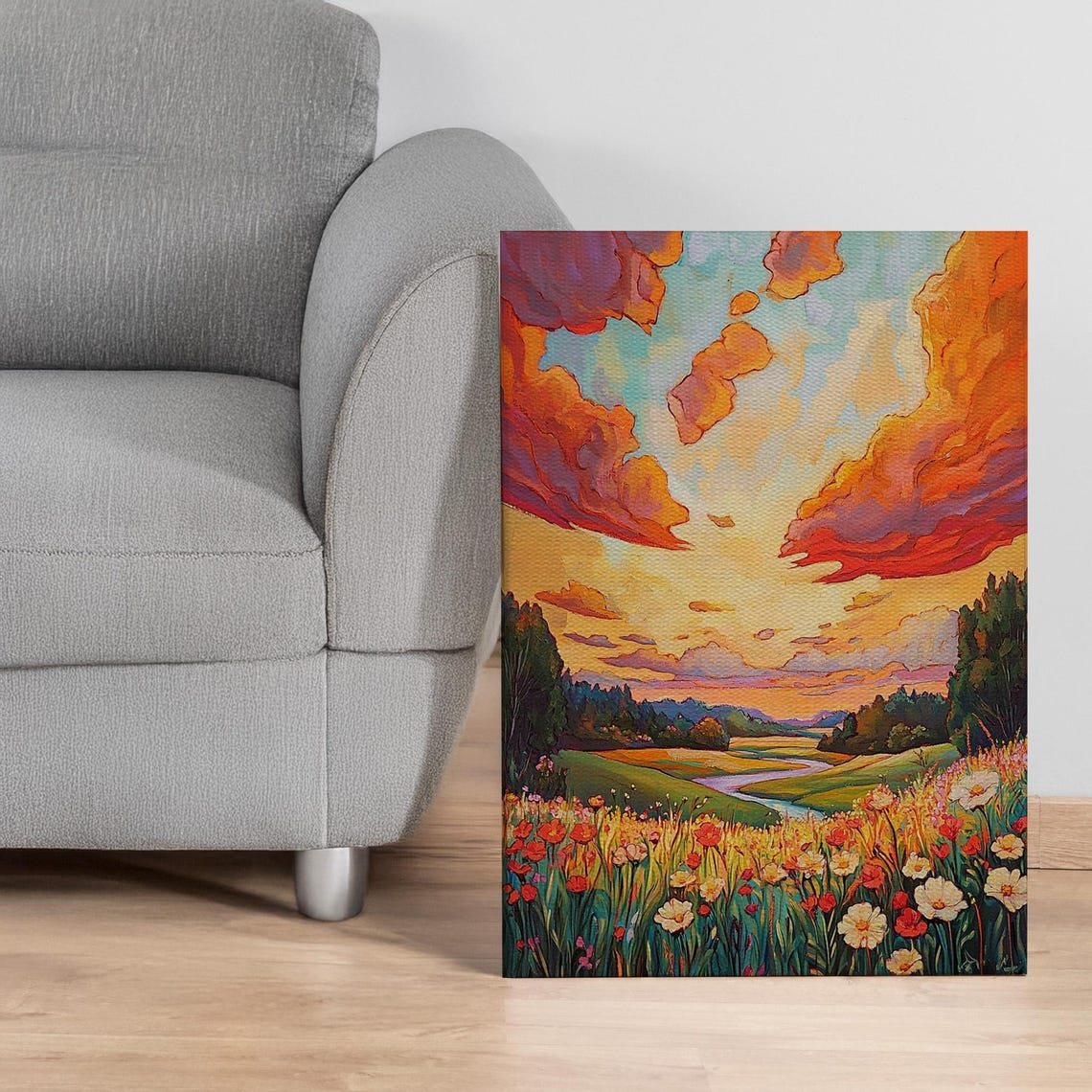Golden Sunset Meadow Wildflower Landscape Vibrant Field Art Poster