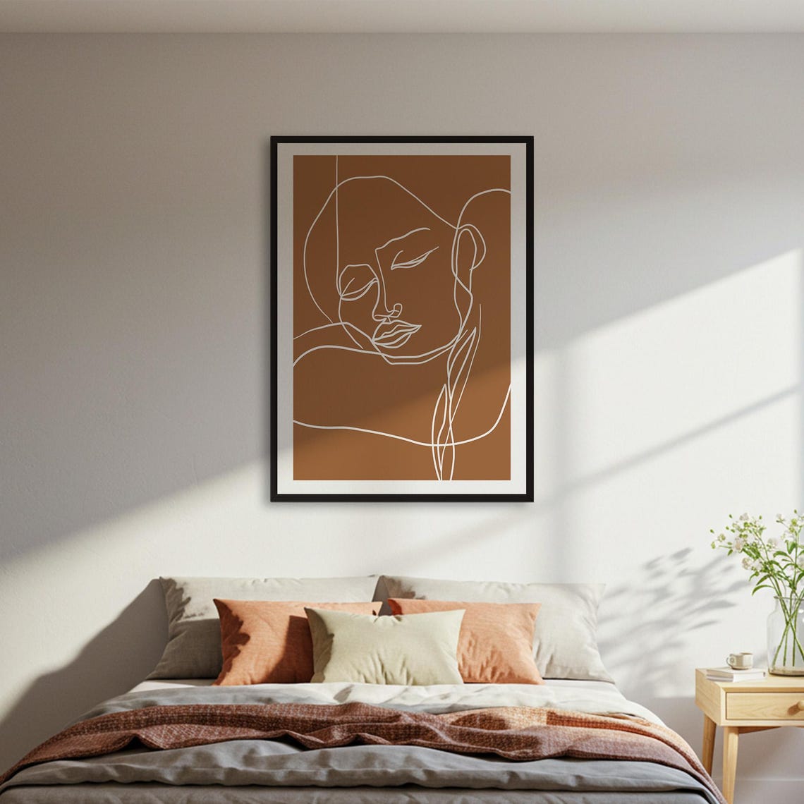 Minimalist Face Line Art Brown Portrait Boho Modern Decor Poster