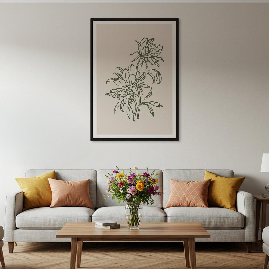 Minimalist Green Flower Line Art Botanical Wall Decor Poster - Image 2