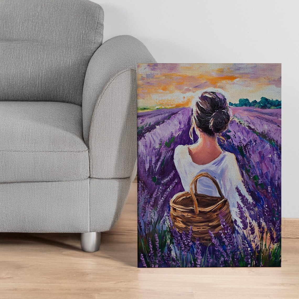 Woman Walking In Lavender Field At Sunset Peaceful Floral Poster