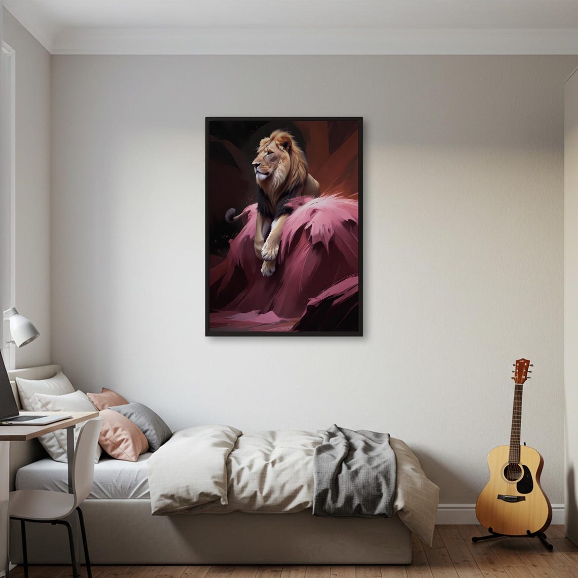 Majestic Lion Resting on Pink Rock Dark Dramatic Wildlife Poster - Image 2