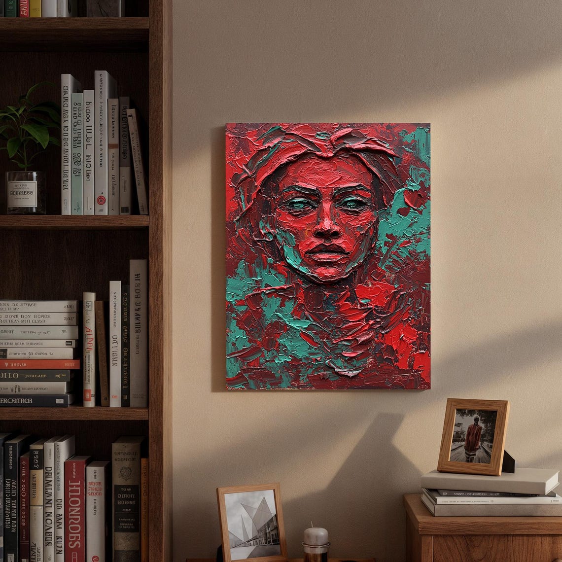 Textured Impasto Woman Portrait Red Teal Bold Expressionist Poster - Image 3