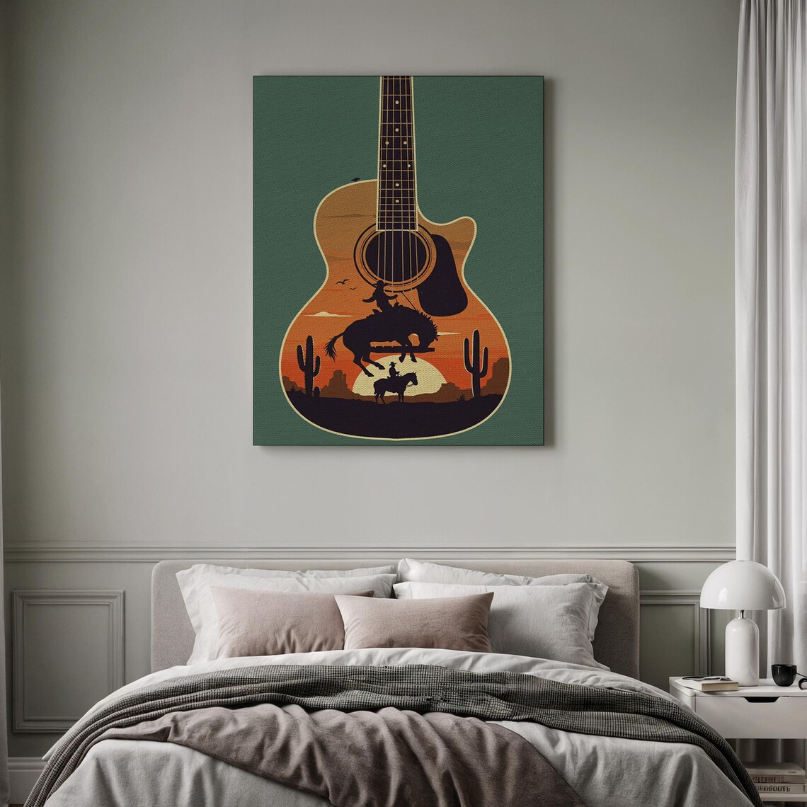 Acoustic Guitar with Cowboy Rodeo Sunset Scene Western Music Art Poster